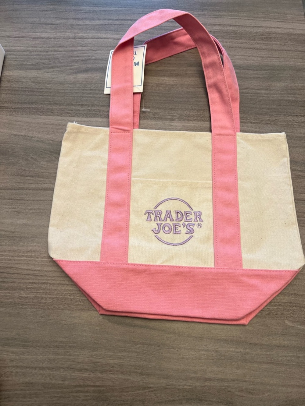 Trader Joe's Mini Pastel Pink & Cream Canvas Tote Bag With Purple Logo - Picture 2 of 7